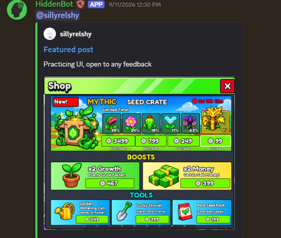 HiddenDevs featured post showing Relshy’s Shop UI design