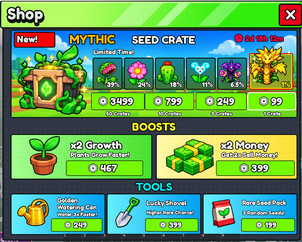 Shop UI showing a seed crate, boosts, and tools